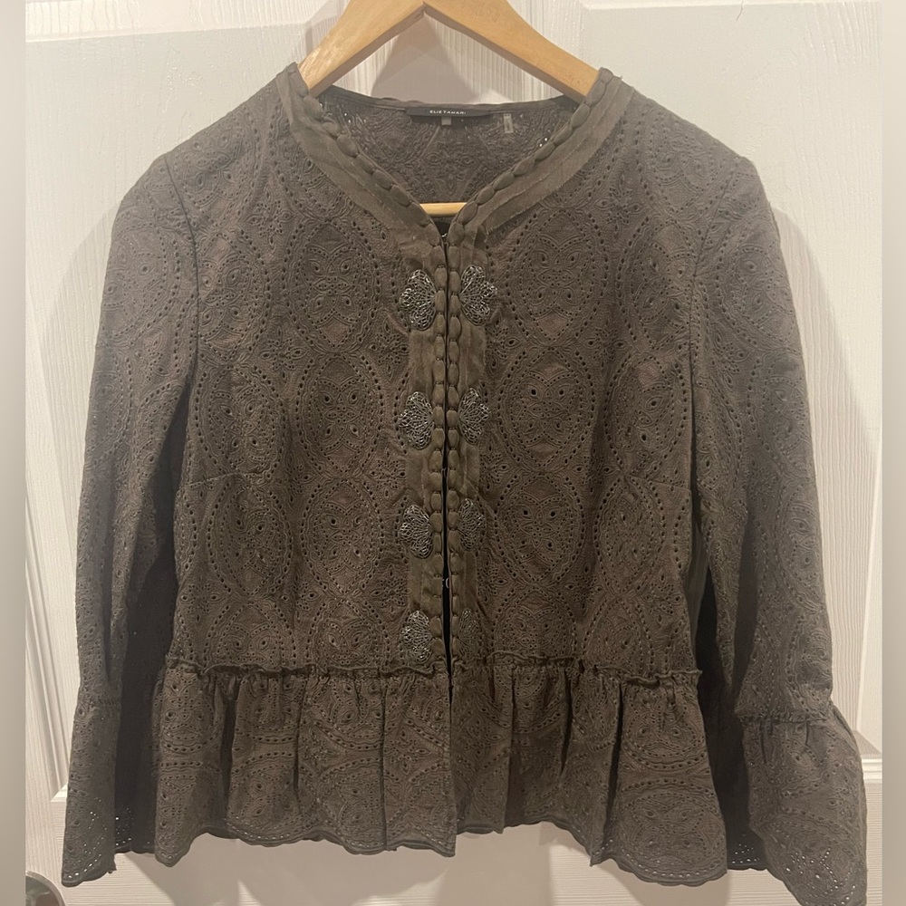 Tahari dark grey bolero Elegant Eyelet Women's Top small